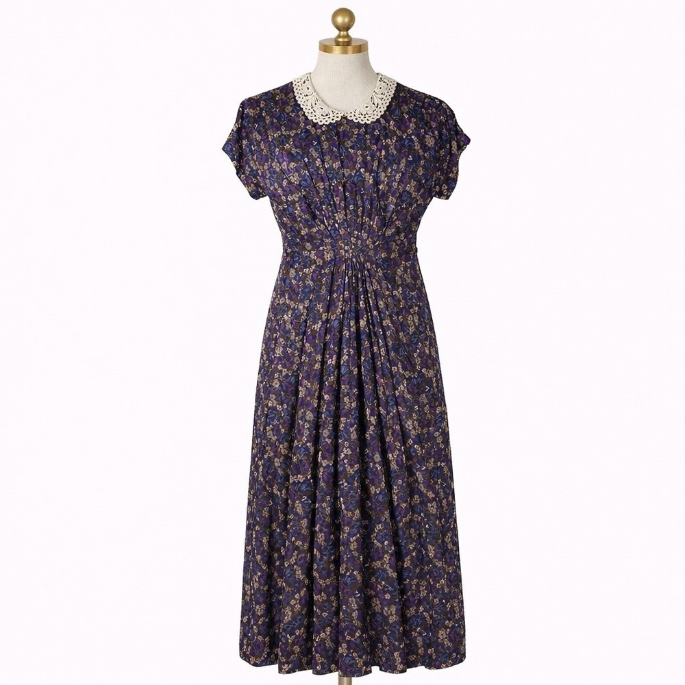 VTG All That Jazz Dress Purple Floral Pintucked Dress USA Size 3/4 Small